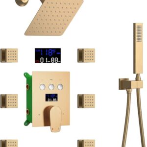 Bathroom Rainfall Shower System Wall Mount 8 Inch Shower Head With Handled Spray 6 Pcs jets Temperature Display Shower Faucet Set (Brushed Gold)