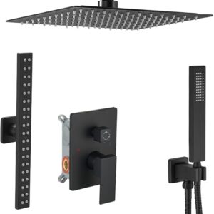 Matte Black High Pressure Shower Faucet Set with Extended Rectangular Body Spray Jet 10 Inch Ceiling Mount Shower Head Handheld Shower Combo Set with Rough-in Valve