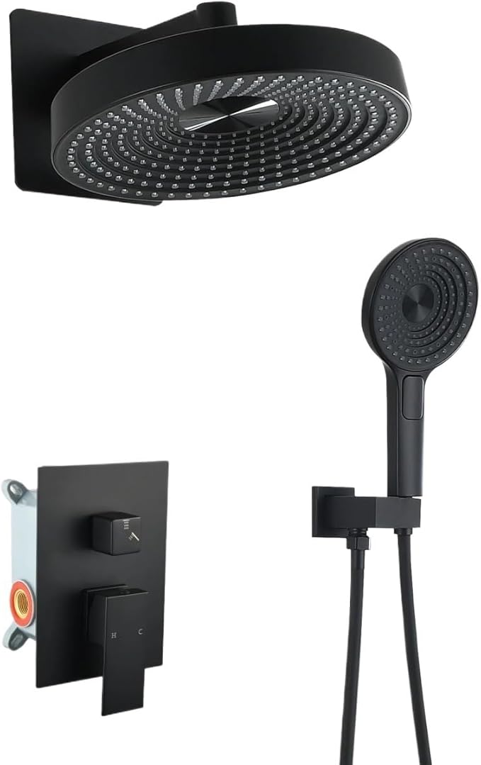 Rainfall Shower Head Sets Modern 2-Function Concealed Shower System Solid Brass Valve ABS Overhead Handheld Self-Cleaning