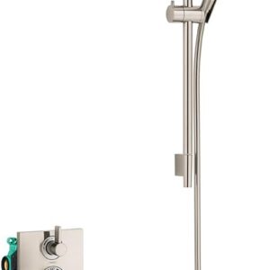 hansgrohe Raindance E Complete Shower System Shower Set Modern 3-Spray PowderRain, Rain, Full and Massage Volume and Auto Temperature Control in Brushed Nickel, Rough and Shower Valve Included 2 GPM