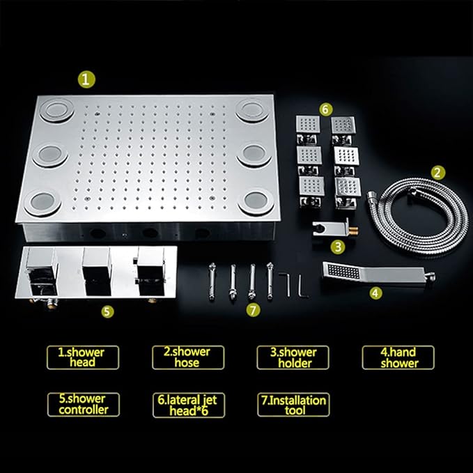 Shower Kits, Shower Head System,Thermostatic Brass Rainfall Stainless Steel Shower Combo Set Ceiling Mounted Remote Control LED Light Bathroom - Image 5