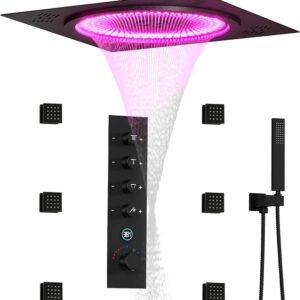 20 Inch Ceiling LED Square Music Rain Shower Head with Brass Handheld, Push Button Smart Thermostatic Rainfall Shower System Fixtures Set (Matte Black, Shower System with Body Jets)