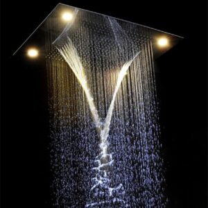 Cascada Classic Design 23”x31” large recessed LED rain shower head w/3 modes (Rainfall+ Water Curtain + Waterfall)(NON Music, Polished Stainless Steel)