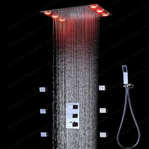 Shower Kits, Shower Head System,Thermostatic Brass Rainfall Stainless Steel Shower Combo Set Ceiling Mounted Remote Control LED Light Bathroom