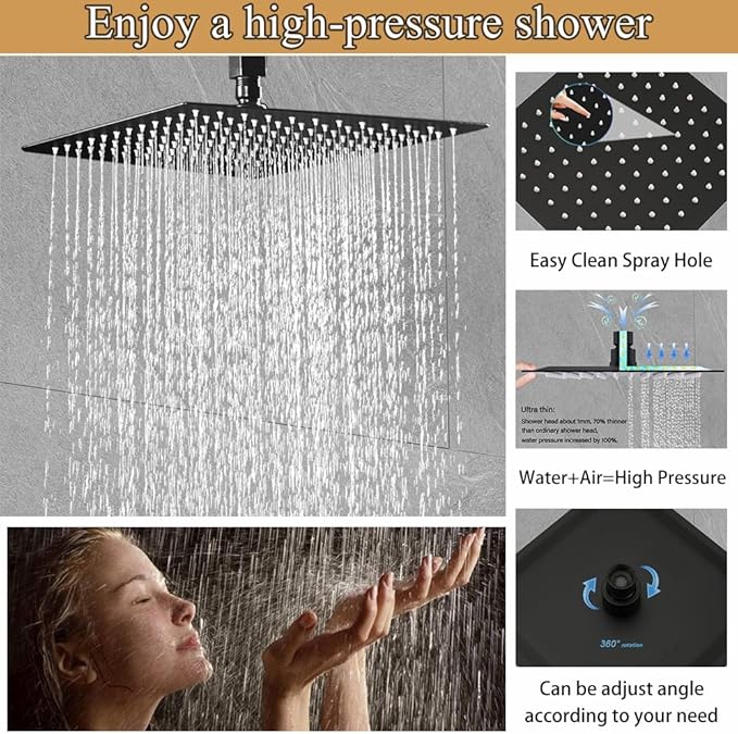 Matte Black High Pressure Shower Faucet Set with Extended Rectangular Body Spray Jet 10 Inch Ceiling Mount Shower Head Handheld Shower Combo Set with Rough-in Valve - Image 3