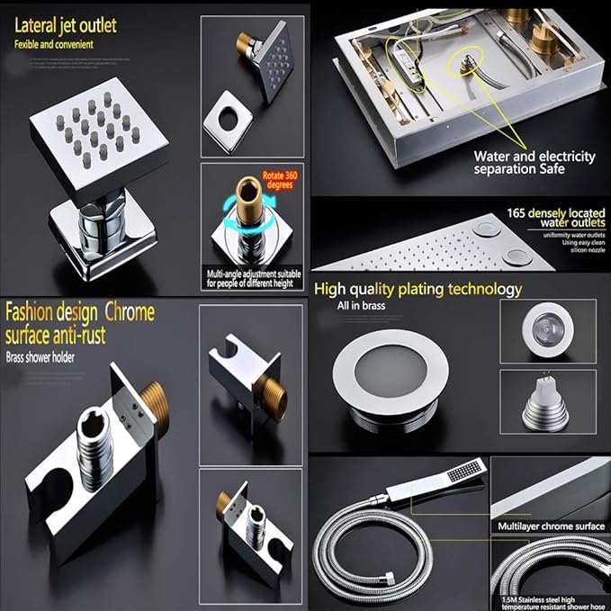 Shower Kits, Shower Head System,Thermostatic Brass Rainfall Stainless Steel Shower Combo Set Ceiling Mounted Remote Control LED Light Bathroom - Image 4