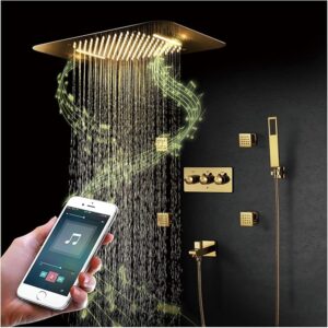 Music Rain Shower System 64 Colors LED Gold Shower Combo Set Ceiling Mounted Bathroom Shower Faucet Set with Shower Head, Handheld Shower, Body Jets, Bathtub Faucet,Remote control