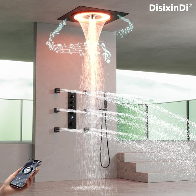 20 Inch Ceiling LED Square Music Rain Shower Head with Brass Handheld, Push Button Smart Thermostatic Rainfall Shower System Fixtures Set (Matte Black, Shower System with Body Jets) - Image 3