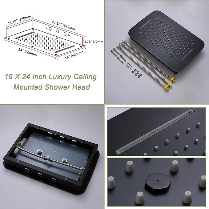 Matte Black Shower System Thermostatic Shower Faucet with 16X24 inch Ceiling 3 Function Shower Head, with 6 PCS Body Jet and Handheld Shower - Image 3