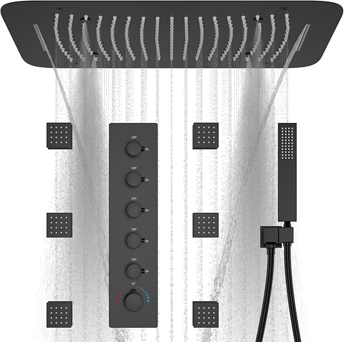 Matte Black Shower System Thermostatic Shower Faucet with 16X24 inch Ceiling 3 Function Shower Head, with 6 PCS Body Jet and Handheld Shower - Image 4