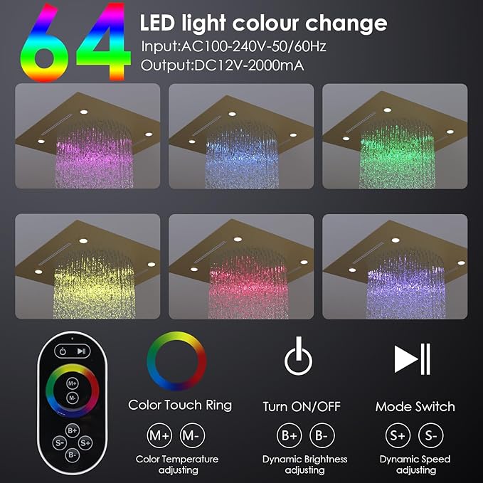 Enga Luxury Dual Shower Head System with Body Jets LED Thermostatic Shower System with 6 inch Wall Shower, 20-Inch 3 Function Shower Head (Rainfall & Mist & Waterfall), Brushed Gold - Image 2