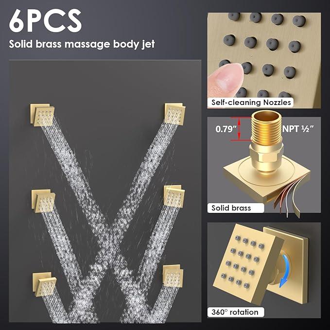 Enga Luxury Dual Shower Head System with Body Jets LED Thermostatic Shower System with 6 inch Wall Shower, 20-Inch 3 Function Shower Head (Rainfall & Mist & Waterfall), Brushed Gold - Image 3