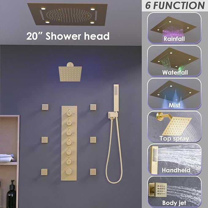 Enga Luxury Dual Shower Head System with Body Jets LED Thermostatic Shower System with 6 inch Wall Shower, 20-Inch 3 Function Shower Head (Rainfall & Mist & Waterfall), Brushed Gold - Image 4