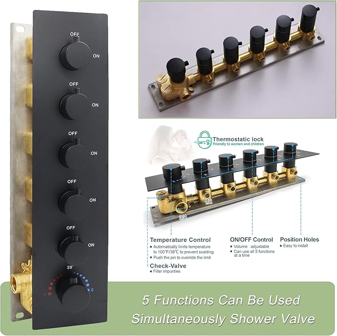 Matte Black Shower System Thermostatic Shower Faucet with 16X24 inch Ceiling 3 Function Shower Head, with 6 PCS Body Jet and Handheld Shower - Image 2