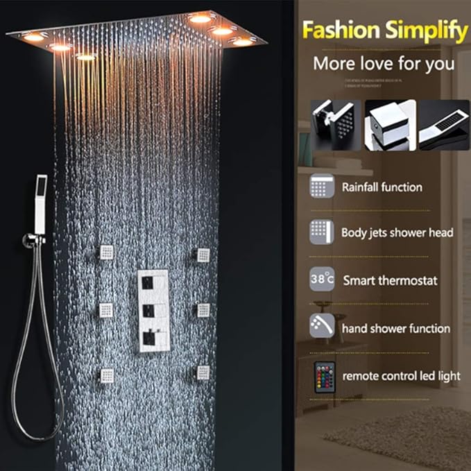 Shower Kits, Shower Head System,Thermostatic Brass Rainfall Stainless Steel Shower Combo Set Ceiling Mounted Remote Control LED Light Bathroom - Image 3
