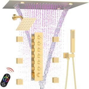 Enga Luxury Dual Shower Head System with Body Jets LED Thermostatic Shower System with 6 inch Wall Shower, 20-Inch 3 Function Shower Head (Rainfall & Mist & Waterfall), Brushed Gold