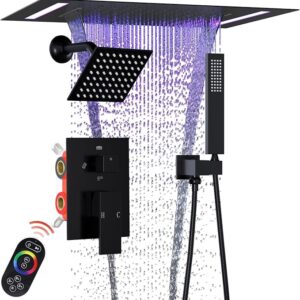 ENGA Dual Rain Shower Head System, 2 In 1 Functions Ceiling Mount 14x20inch LED Shower Head with 6 Inch Shower Head, Rainfall Waterfall Shower Faucet Set, Matte Black