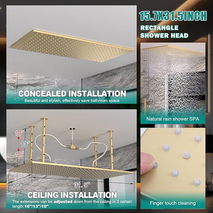 HOMEDEC 15.7x31.5" Rainfall and 6" Dual Shower Heads with Handheld Spray Combo, Full Body Shower System with 6pcs Body Jets, Brushed Gold - Image 4