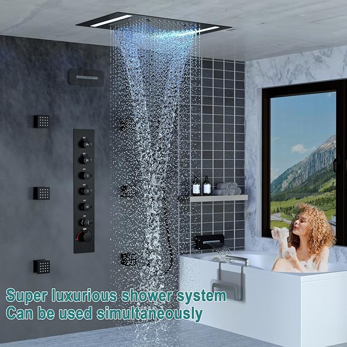 HOMEDEC LED Multi Functions Full Body Shower System with 6pcs Body Jets Spray with(Up/Down )Shower Spout, Large 3 In 1 Functions 14x20inch Showerhead, Rainfall Mist Shower Faucet Set Complete, Black - Image 2