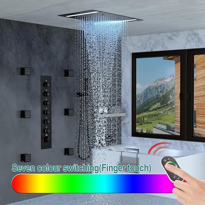 HOMEDEC LED Multi Functions Full Body Shower System with 6pcs Body Jets Spray with(Up/Down )Shower Spout, Large 3 In 1 Functions 14x20inch Showerhead, Rainfall Mist Shower Faucet Set Complete, Black - Image 3