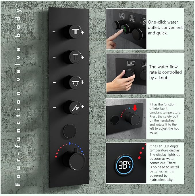 20 Inch Ceiling LED Square Music Rain Shower Head with Brass Handheld, Push Button Smart Thermostatic Rainfall Shower System Fixtures Set (Matte Black, Shower System with Body Jets) - Image 4