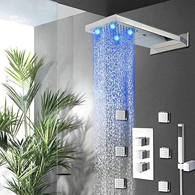 Shower Kits, Luxury Rome Brass Bathroom Rainfall LED Shower Head Bathroom Shower Set Wall Mounted Panel Mixer Taps Shower Faucet Set - Image 3