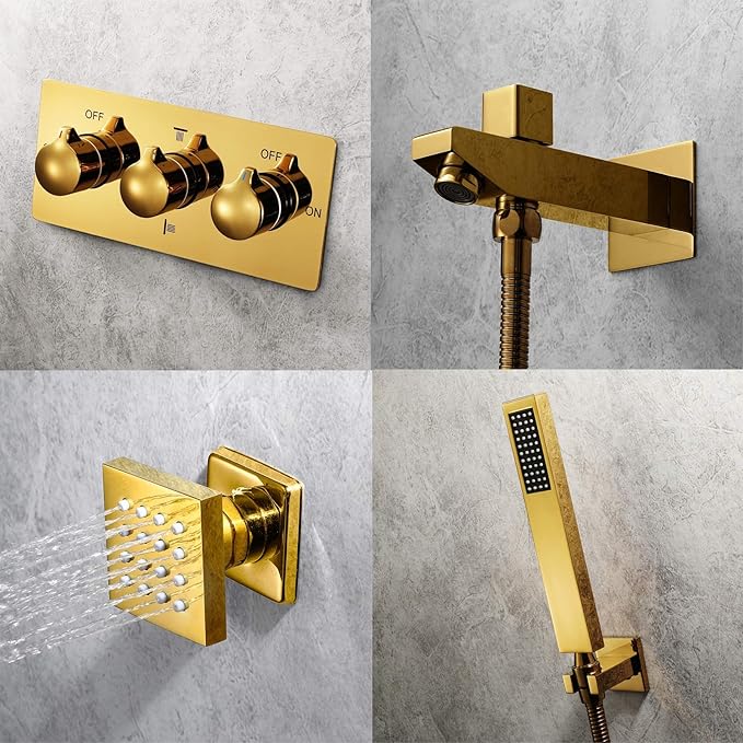 Music Rain Shower System 64 Colors LED Gold Shower Combo Set Ceiling Mounted Bathroom Shower Faucet Set with Shower Head, Handheld Shower, Body Jets, Bathtub Faucet,Remote control - Image 3
