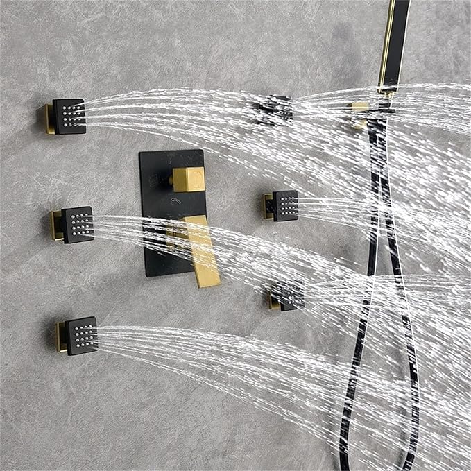 Shower Faucets Sets Matte Black Rainfall Shower Head with Hand Shower Brass Shower Combo Set with Tub Spout 6pcs Body Massage Jets Sprayer Black,for Bathroom - Image 3