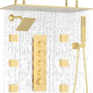 HOMEDEC 15.7x31.5" Rainfall and 6" Dual Shower Heads with Handheld Spray Combo, Full Body Shower System with 6pcs Body Jets, Brushed Gold