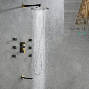 Shower Faucets Sets Matte Black Rainfall Shower Head with Hand Shower Brass Shower Combo Set with Tub Spout 6pcs Body Massage Jets Sprayer Black,for Bathroom