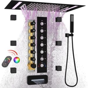 HOMEDEC LED Multi Functions Full Body Shower System with 6pcs Body Jets Spray with(Up/Down )Shower Spout, Large 3 In 1 Functions 14x20inch Showerhead, Rainfall Mist Shower Faucet Set Complete, Black