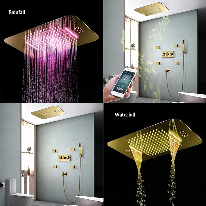 Music Rain Shower System 64 Colors LED Gold Shower Combo Set Ceiling Mounted Bathroom Shower Faucet Set with Shower Head, Handheld Shower, Body Jets, Bathtub Faucet,Remote control - Image 4