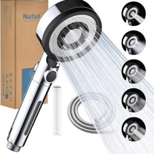 Shower head with filter - High-pressure hand shower, water-saving, with 1.5 m hose, shower head with 5 spray patterns and stop function, shower head with hose, shower head with hose, chrome